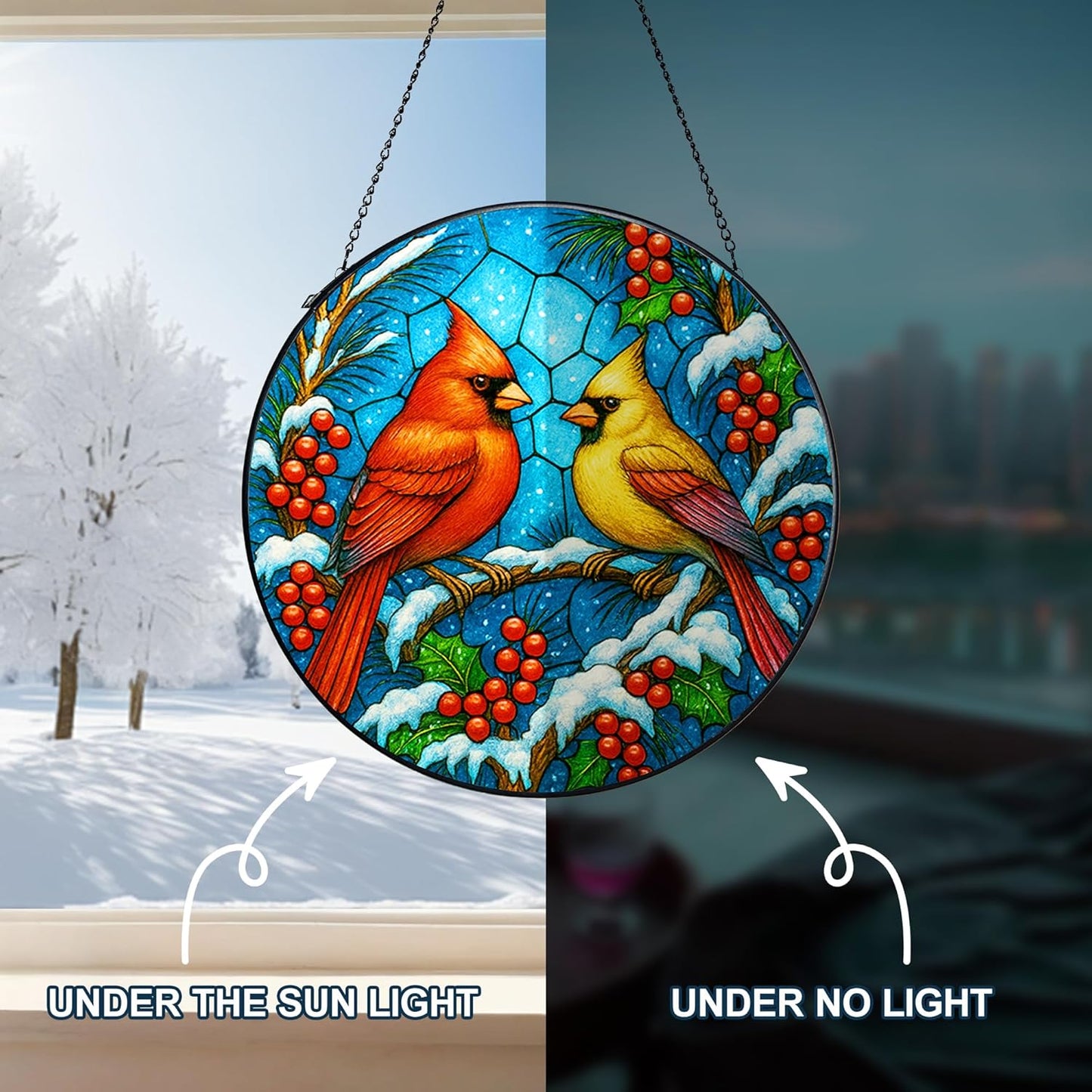 Stained Glass Window Hanging,Winter Red Cardinal Sun Catchers Stained Glass Panels for Indoor Windows Wall Art Decor, Memorial Gift for Mom Women Wife Men Lovers (7.87inch)
