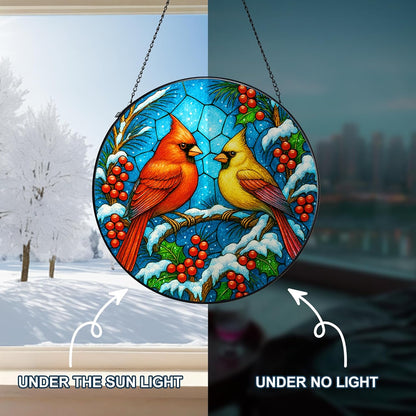Stained Glass Window Hanging,Winter Red Cardinal Sun Catchers Stained Glass Panels for Indoor Windows Wall Art Decor, Memorial Gift for Mom Women Wife Men Lovers (7.87inch)