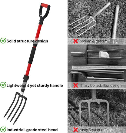COSITA Pitch Fork for Garden, 44-Inches Pitchfork with Fiberglass Handle, Gardening Spading Fork with 4 Metal Tines, Heavy Duty Pitchfork for Manure, Mulch, Digging, Aeration, Red