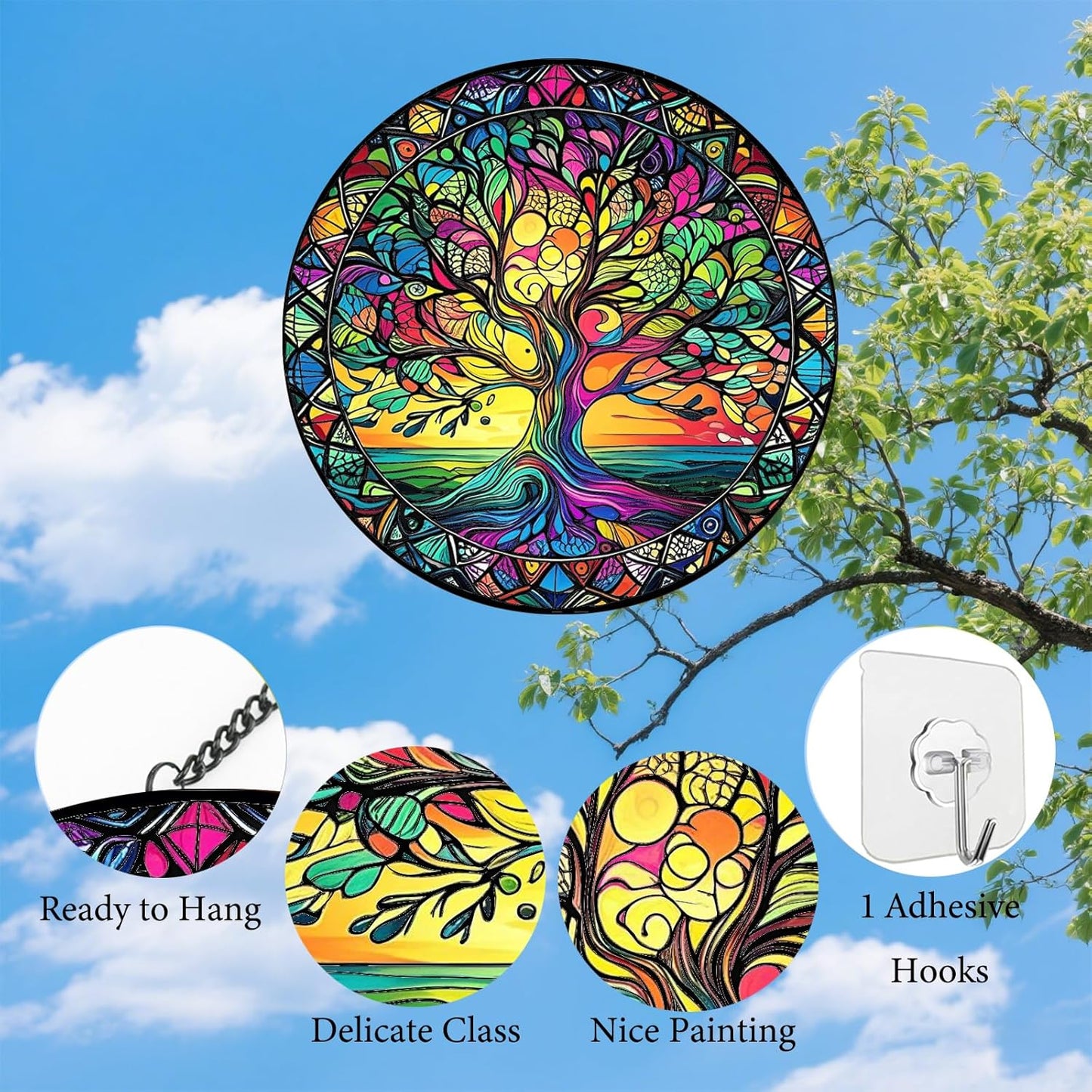Tree of Life Suncatchers Stained Glass for Windows Hanging - 8'' Sun Catchers Indoor Window - UV-Print Stain Glass Window Hanging for Home Decor, Wall Art, Gifts for Mom