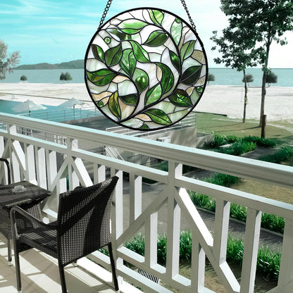 Stained Glass Window Hanging - White Green Leaves Suncatcher for Doors Window Home Plant Sun Catchers Decor Christmas Mother's Day Birthday Gifts for Teacher Women Men Mom Nana 6.3 in