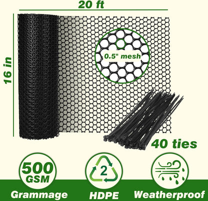 Gardzen Plastic Chicken Wire Mesh with 40 pcs Ties, 16in x 20ft Durable Chicken Fence for Poultry, Garden Protection & DIY Crafting, Heavy-Duty Mesh Netting for Outdoor & Indoor Use