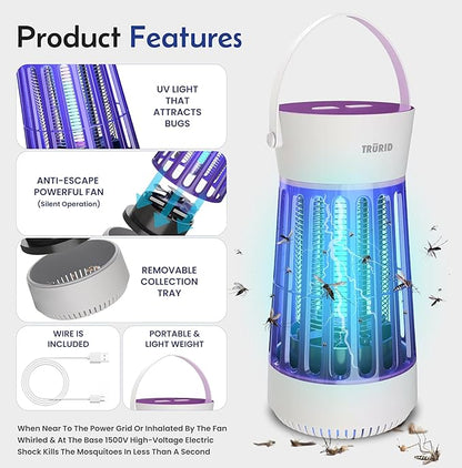 Fly Trap Indoor Bug Zapper, UV LED Mosquito Repellent Outdoor Patio, Portable Electric Zapper with Fan and Easy-Empty Tray, Ideal for Indoor Use