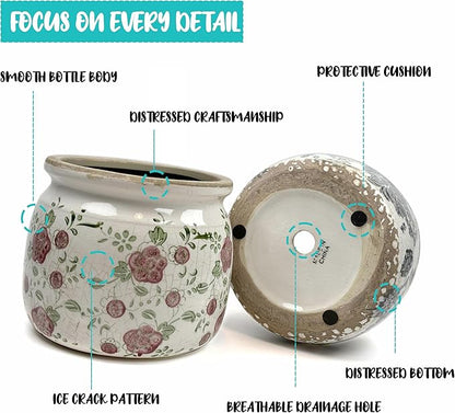 Vintage Ceramic Ice Crack Flower Pot with Drainage Holes, Country Rustic Planters for Indoor and Outdoor,Tuscan Decor,Home,Living Room, Garden Decor, Gardening Gift (Garden)