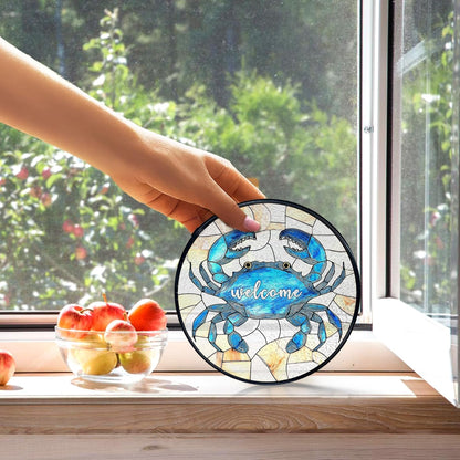 kdqua Coastal Beach Crab Welcome Suncatcher Stained Glass Window Hanging, Ocean Marine Crab Sun Catchers Indoor Window Glass Round Wall Decor, Beachy Wall Art Hanging Decorations Statues, 7.9x7.9in