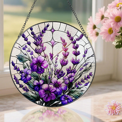 Bauhinia&Violets Flower Stained Glass Suncatcher, Stained Glass Window Hanging, 8 Inch Window Hanging Decor, Christmas, Mother's Day, Birthday Gifts for Mom, Grandma, Women, Wife, Lovers