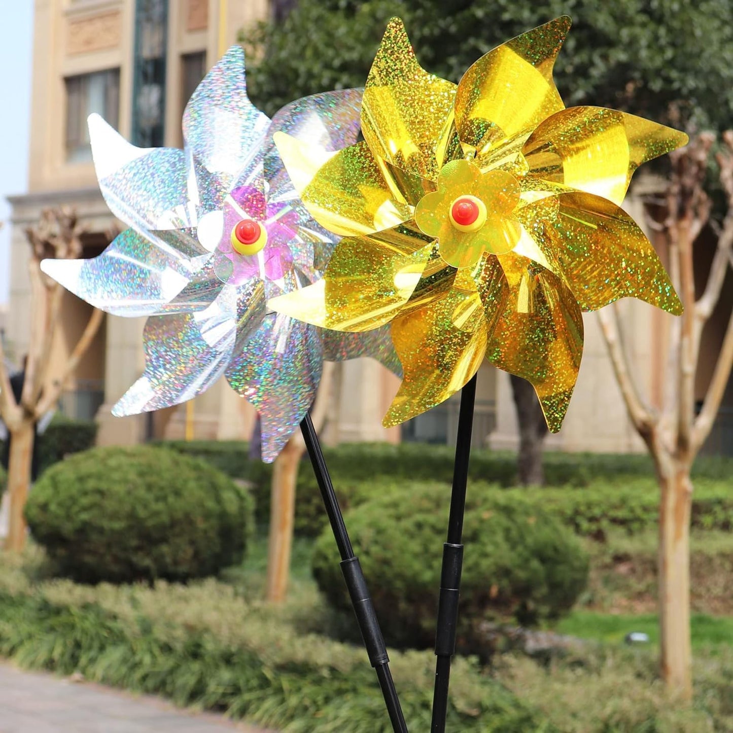 Sparkly Reflective Pinwheels with Stakes, Wind Spinners Outdoor Bird Scare Devices, Foil Pin Wheel Holographic Whirl Windmill for Yard Garden Decor Garden Wind Spinner 6 Packs - Silver