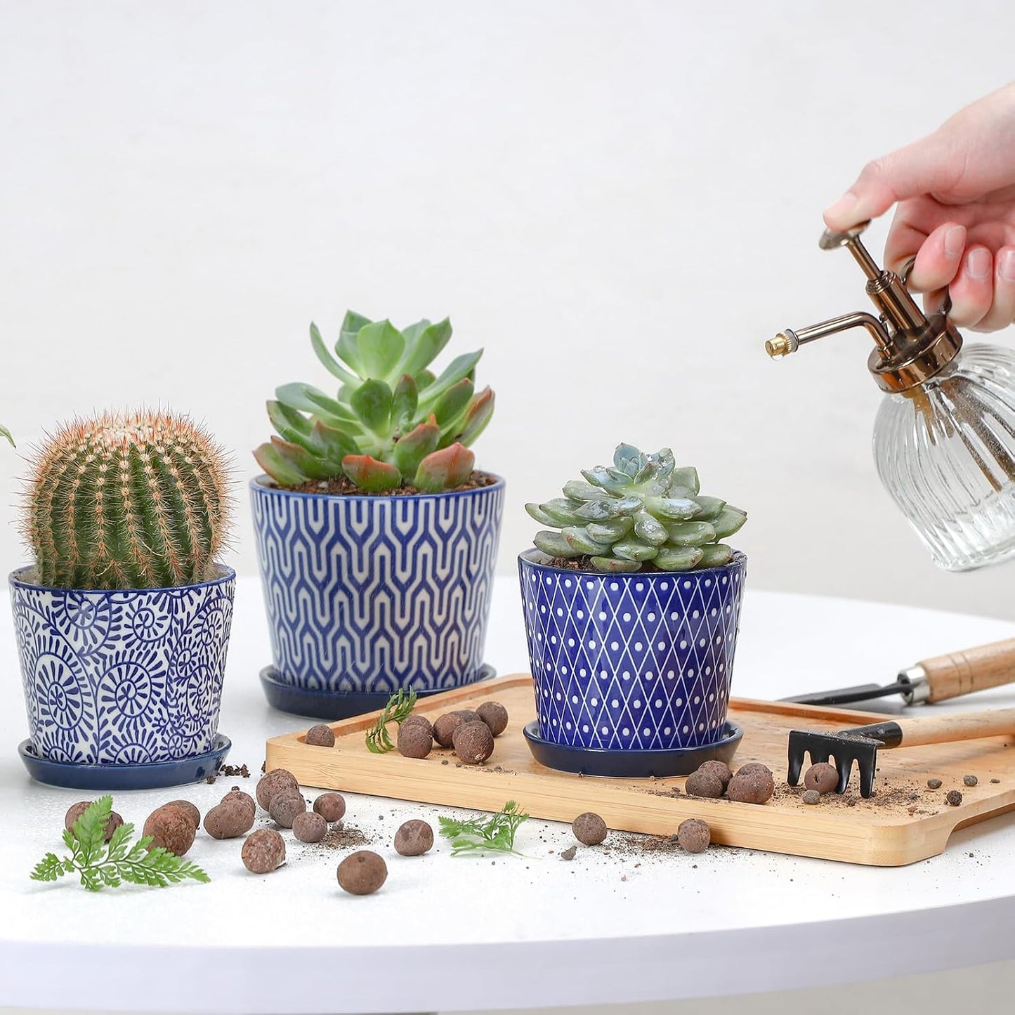 Selamica Ceramic Succulent Pots, 3.4 Inch Small Pots for Plants with Drainage Holes and Saucers, Succulent Planters for Indoor Plants, Cactus, Home Decor, Set of 4, Vintage Blue