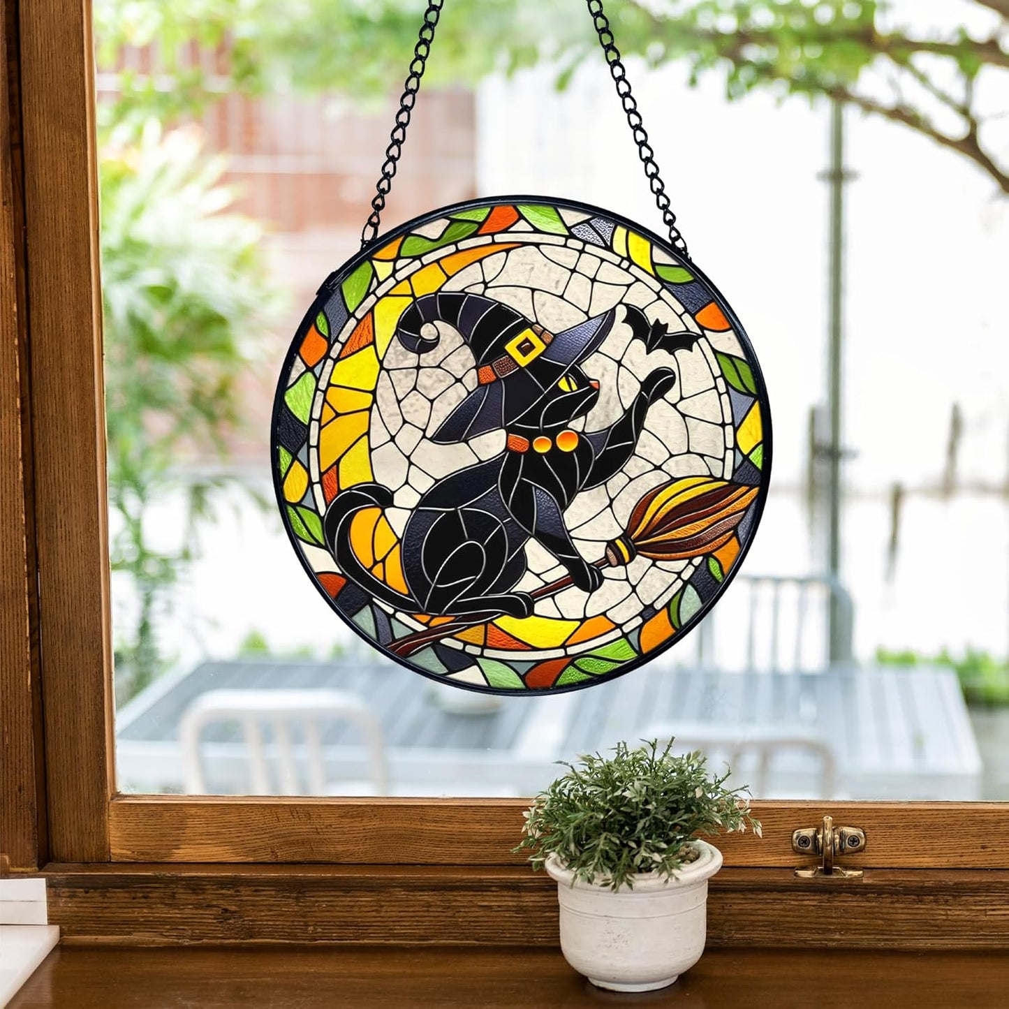 TNUW Halloween Black Cat Stained Glass Window Hanging, Gothic Witchy Black Cat Sun Catchers Indoor Window Glass Round Wall Art Decor, Halloween Wall Hanging Decorations, 7.9＂x7.9＂