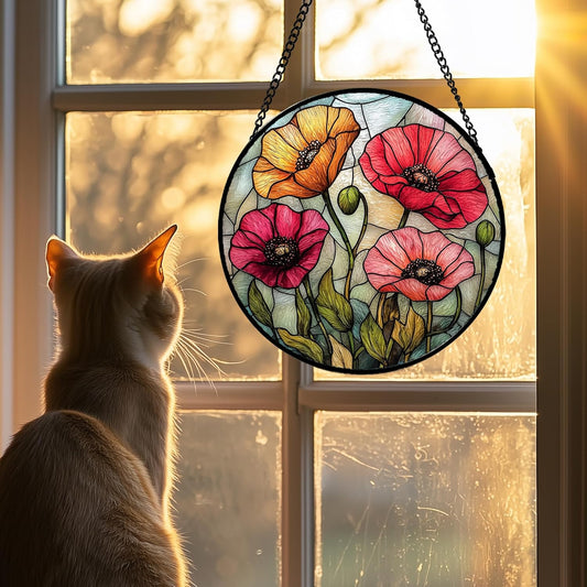 Stained Glass Window Hanging, Red Orange Poppy Birth Flowers Sun Catcher for Door Garden Yard Decor