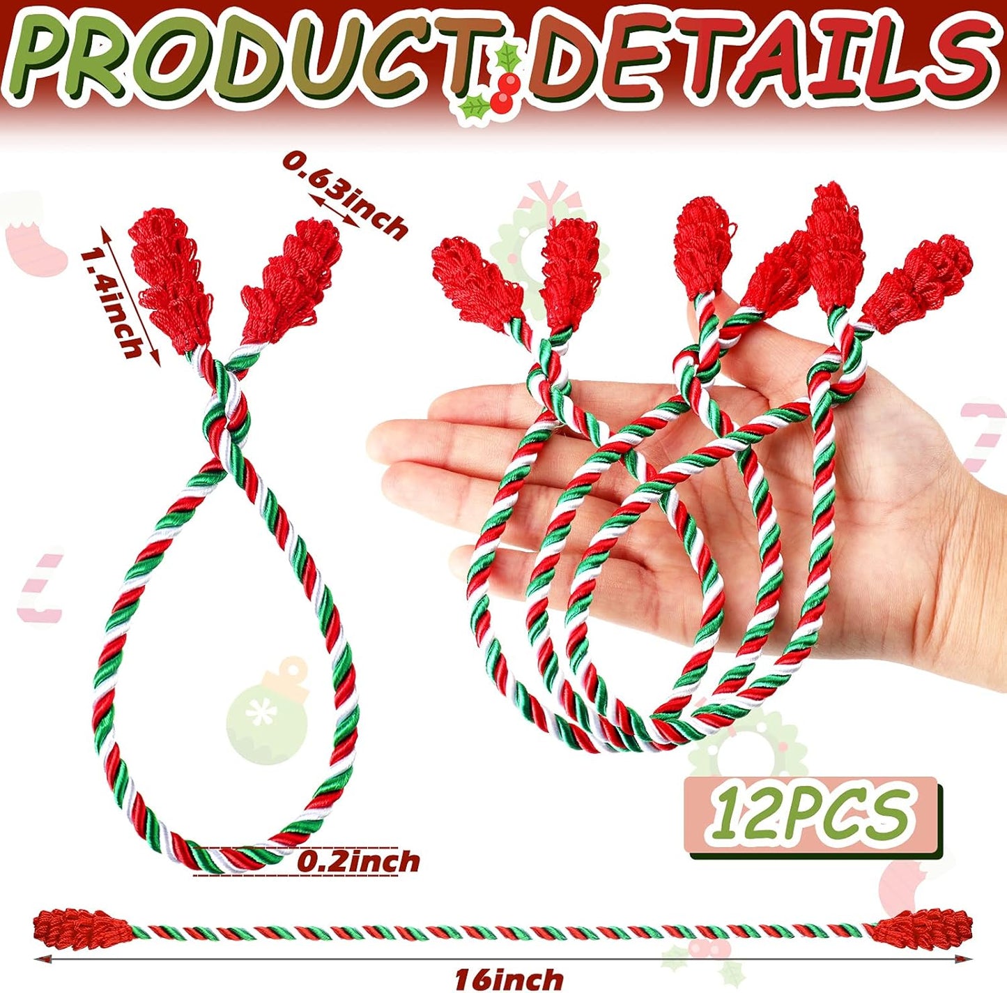 Shappy 12 Pieces Christmas Garland Banister Ties Christmas Decorative Reusable and Flexible Twist Ties for Garland, Banister Home Decoration (Red White Green)