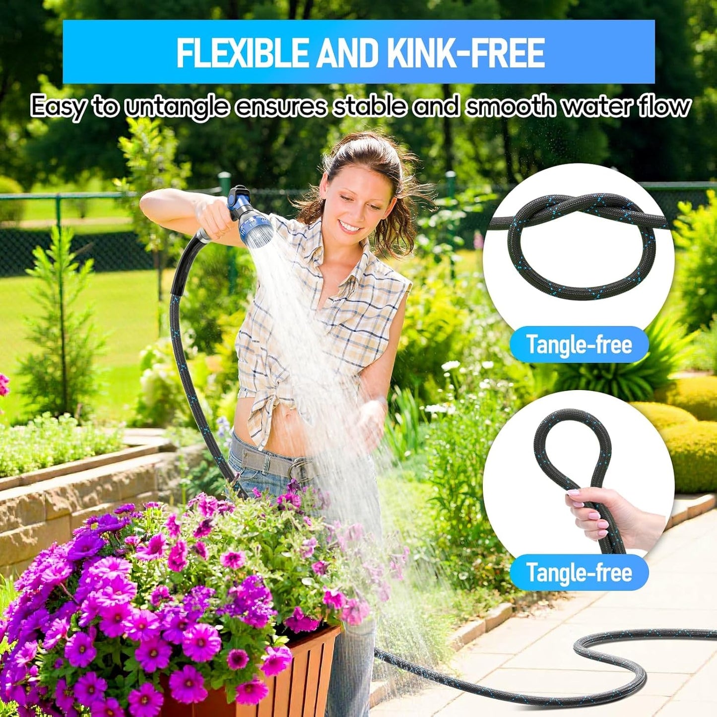 SPECILITE Garden Hose 50ft, 3-Layer Flexible Water Hose with 8 Pattern Spray Nozzle, Non-Expanding & Lightweight Stainless Steel Hose for Yard, Lawn, Outdoor-Leak Proof, No-kink & Tangle-free