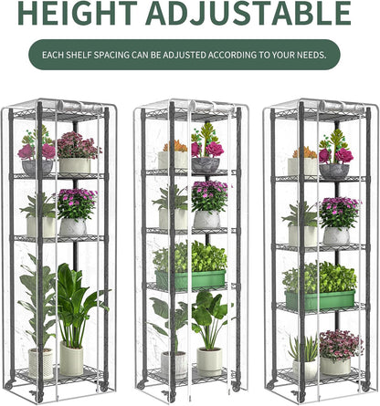 Mini 5-Tier Greenhouse for Indoor Outdoor, 15.7" L×11.8" W×62.3" H Portable Greenhouse with Clear PVC Cover and Metal Shelf for Growing Vegetables, Flowers and Seedlings, with Wheels