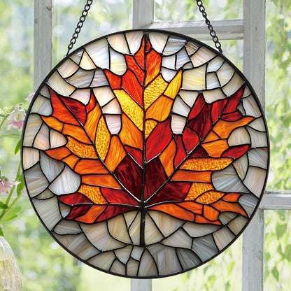 Rustic Autumn Maple Leaves Suncatcher -7.9 in Stained Glass Window Hanging Sun Catcher Garden Decor