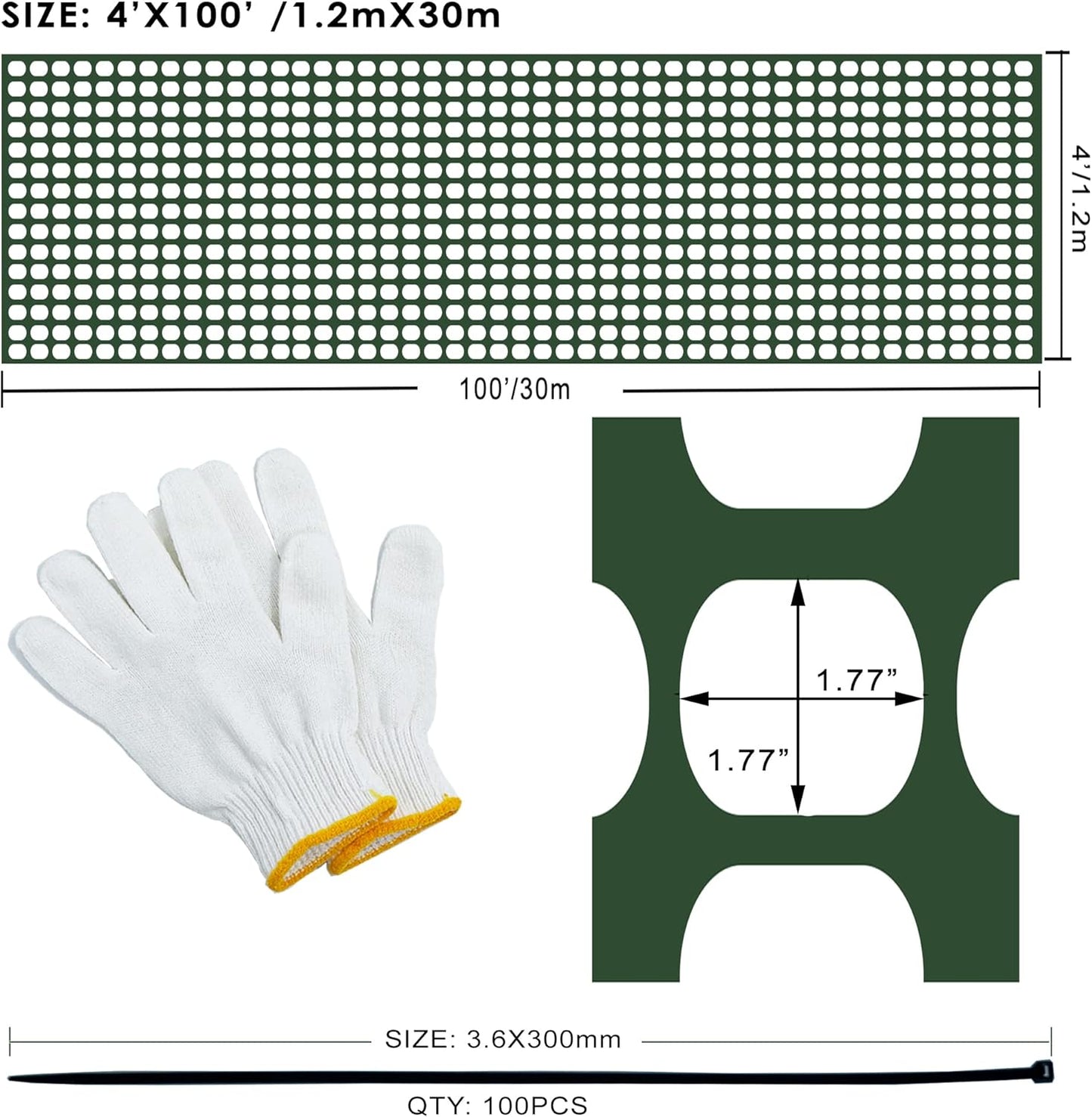 Safety Fence Garden Netting Roll 4 X 100 Feet with Zip Ties, Temporary Reusable Plastic Mesh Fencing Netting for Snow Fence, Animal Barrier, etc. (4' X 100‘ SW, Green)