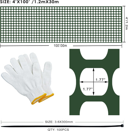 Safety Fence Garden Netting Roll 4 X 100 Feet with Zip Ties, Temporary Reusable Plastic Mesh Fencing Netting for Snow Fence, Animal Barrier, etc. (4' X 100‘ SW, Green)