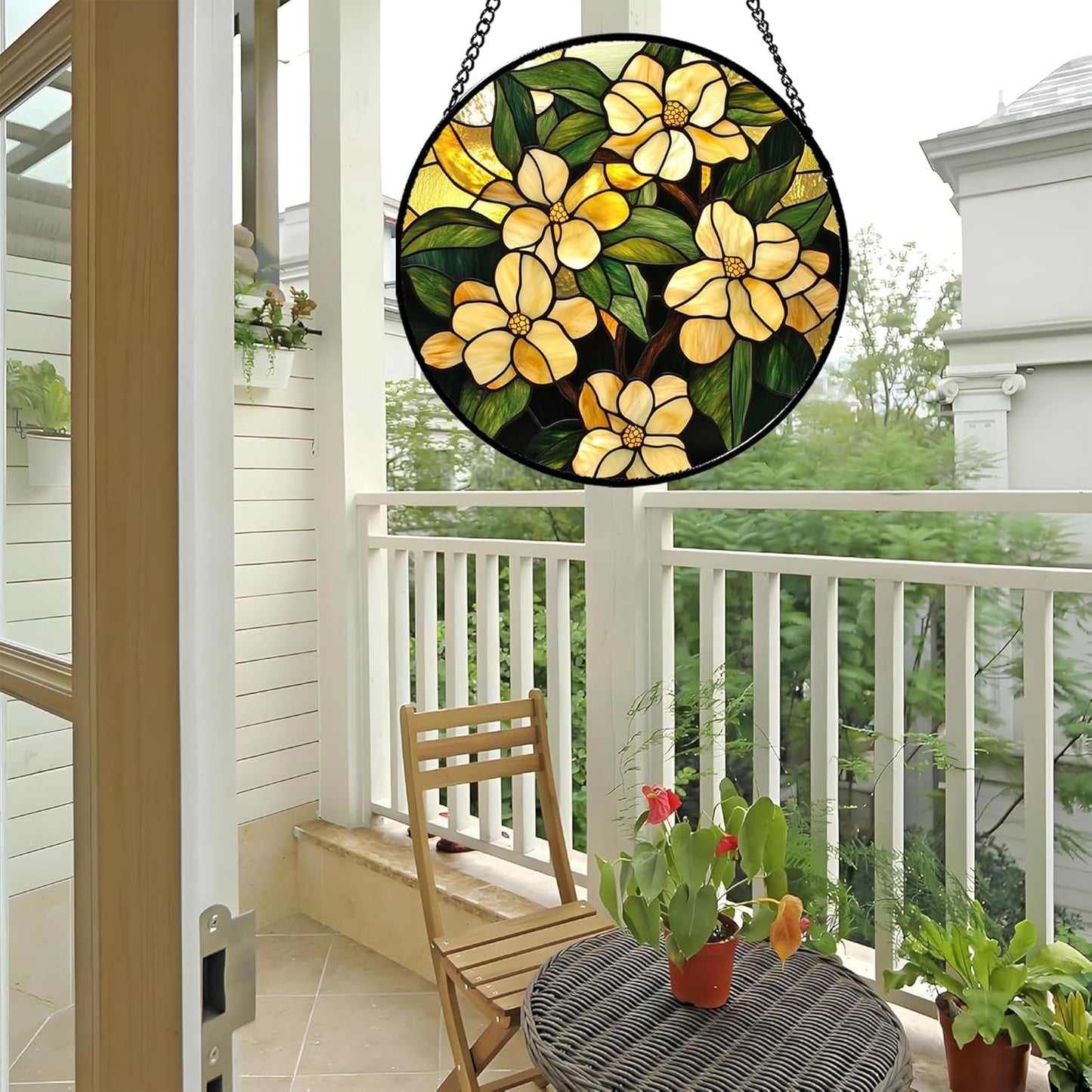 Stained Glass Window Hanging - Yellow Flower Green Leaf Suncatcher for Doors Garden Patio Fall Decor Sun Catchers Christmas Mother's Day Birthday Gifts for Women Men Mom Nana Friend 6.3 in