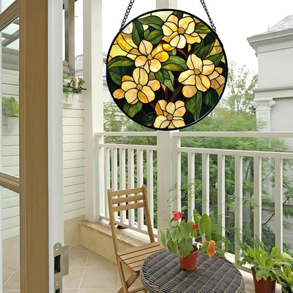 Stained Glass Window Hanging - Yellow Flower Green Leaf Suncatcher for Doors Garden Patio Fall Decor Sun Catchers Christmas Mother's Day Birthday Gifts for Women Men Mom Nana Friend 9.8 in
