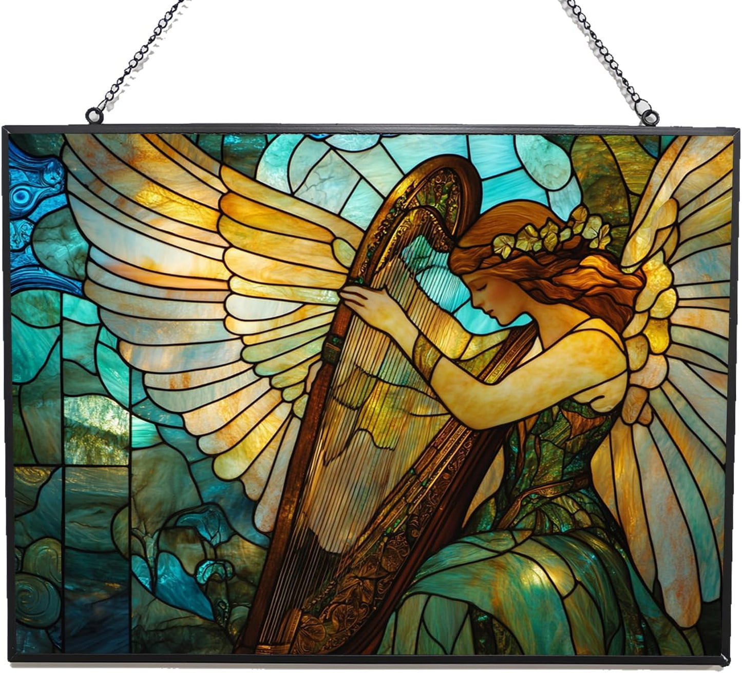 Customized Rectangle Art Nouveau Harp Angel Stained Glass Suncatcher Window Hangings, Stained Glass Panel Sun Catchers Gifts Home Decor Garden Christmas Halloween Wedding
