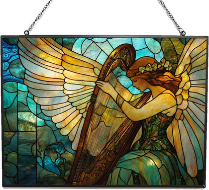 Customized Rectangle Art Nouveau Harp Angel Stained Glass Suncatcher Window Hangings, Stained Glass Panel Sun Catchers Gifts Home Decor Garden Christmas Halloween Wedding