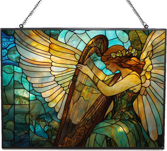 Customized Rectangle Art Nouveau Harp Angel Stained Glass Suncatcher Window Hangings, Stained Glass