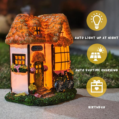 Prospect Thatched Cottage, Solar Statue Lights Mushroom Fairy House, Garden House Statues, Outdoor Memorial Ornaments Waterproof Decoration for Outside Patio Yard Lawn Decor