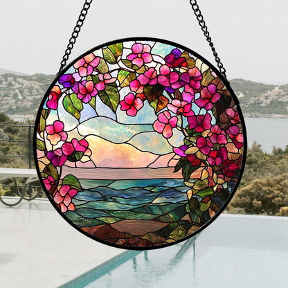 Stained Glass Window Hanging, Purple Flower Landscape Wreath Sun Catcher for Door Home Decor Plants Suncatcher Christmas Mother's Day Birthday Gifts for Women Men Mom Nana 9.8 in