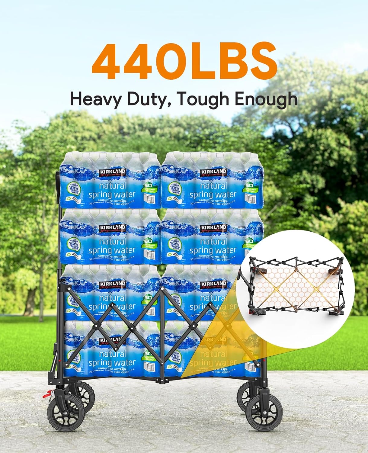 Collapsible Foldable Wagons, 440lbs Weight Capacity Beach Wagon with All-terrain Wheels, Heavy Duty Foldable Wagon, Utility Wagons Carts with Brakes for Camping, Sports, Shopping, Beach, Green & Brown