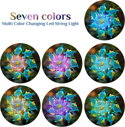 Tropical Fish Solar Wind Spinner Outdoor,51'' Windmill Ocean Theme with Gem Decor Color Changing LED Light Kinetic Wind Sculpture Garden Stakes Yard Art for Patio,Pathway,Lawn,Swimming Pool