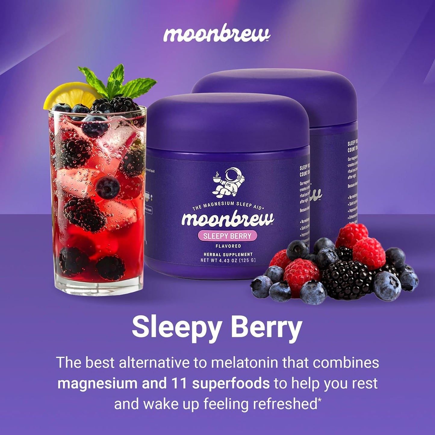 MoonBrew Nighttime Magnesium Sleepy Berry Smoothie, Natural Sleep Aid Drink Mix for Adults, 2-Pack - Calming Melatonin-Free Sleep Support with L-Theanine, Chamomile & Zinc Glycinate - 50 Servings