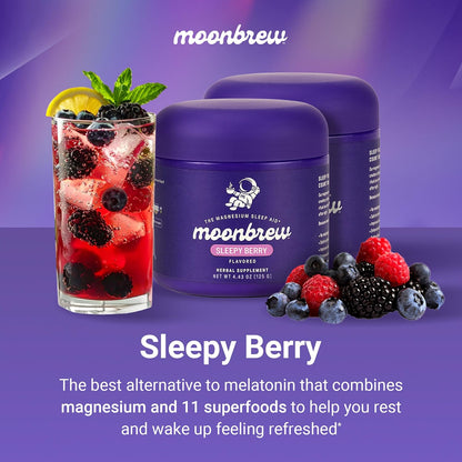 MoonBrew Nighttime Magnesium Sleepy Berry Smoothie, Natural Sleep Aid Drink Mix for Adults, 2-Pack - Calming Melatonin-Free Sleep Support with L-Theanine, Chamomile & Zinc Glycinate - 50 Servings