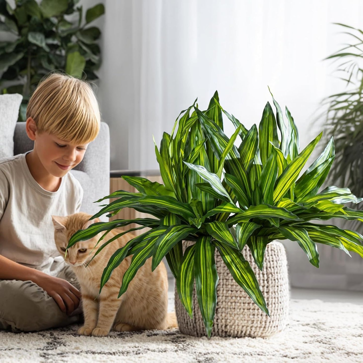 4 Pcs Artificial Greenery Stems Dracaena Faux Branches Artificial Plants Realistic Fake Dracaena Greenery Realistic Plants for Indoor Outdoor Porch Patio Home Office Living Room Decor (Light Green)