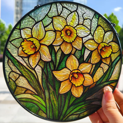 Stained Glass Window Hanging, Daffodil Flower Diamond Glass Panel Suncatcher Plant Sun Catchers for Home Garden Balcony Window Wall Decor, Gifts for Women,Mom (9.8 Inch)