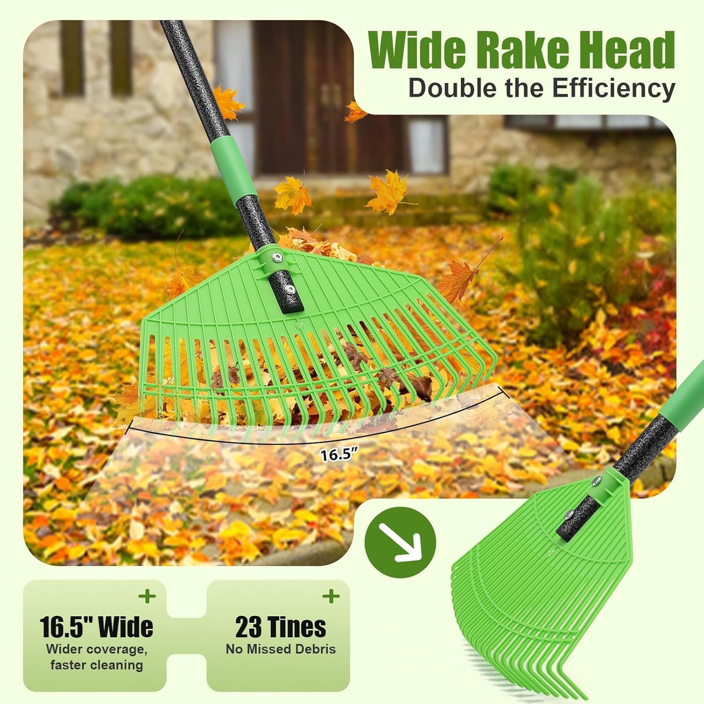 Plastic Leaf Rake with Adjustable 65'' Handle - Lightweight Outdoor Yard Rakes for Leaves,Grass & Pine Needle,Mulch,Gentle On Lawn Garden - Easy to Use for Women,Seniors & Kids