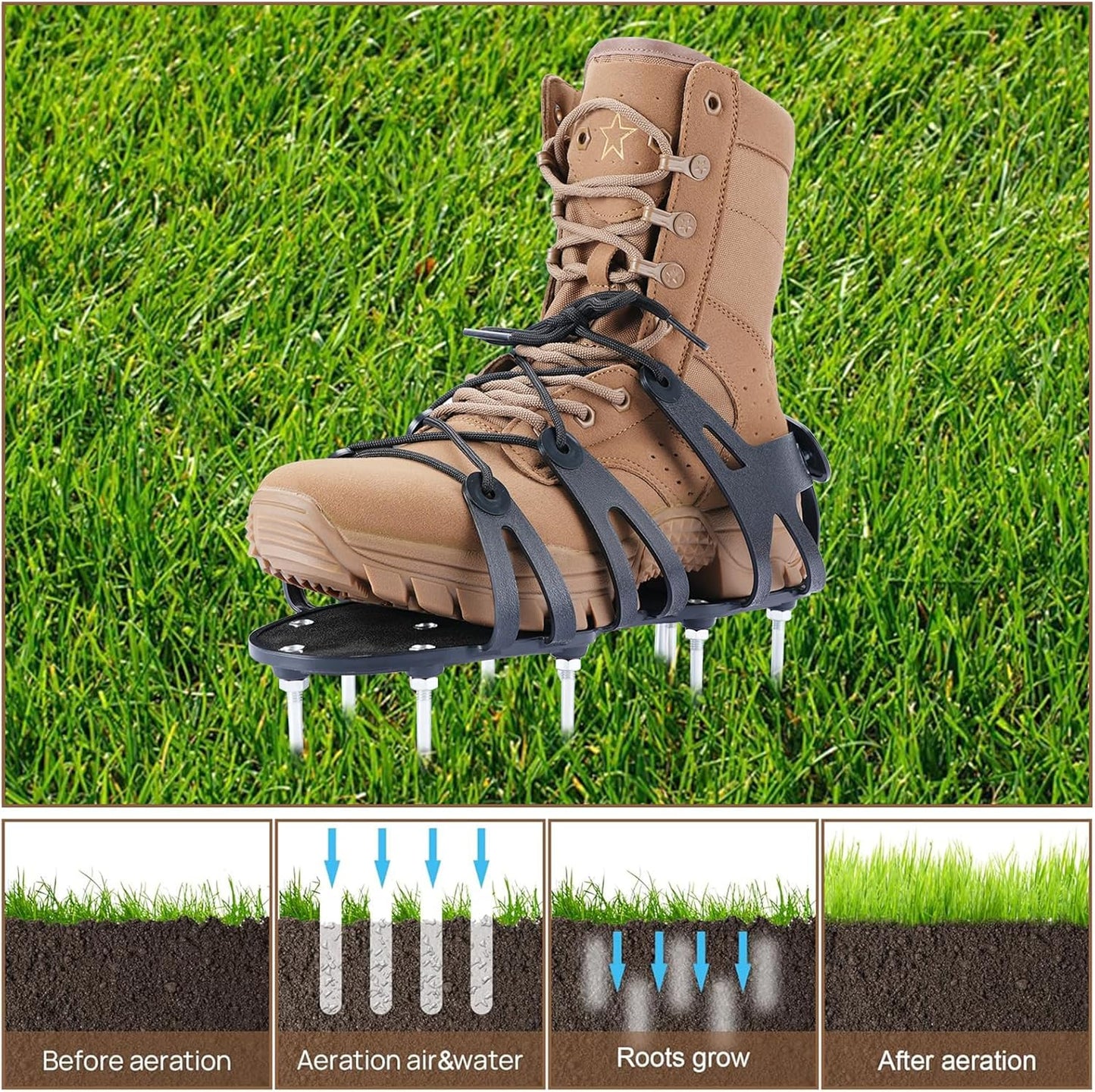 Professional Lawn Aerator Shoes with Spiked Design &Adjustable Wrap Lacing-Flexible Bendable Sole for Natural Walking,Ergonomic Gardening Tools for Professional Landscapers & Homeowners