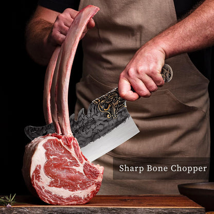 ROCOCO Cleaver Knife Meat Cutting Heavy Duty Bone Butcher Chopper Large Hand Forged Chinese Dragon Viking Cutter for Kitchen Outdoor with Sheath Birthday Father Mother Christmas Gift Men 8.6"