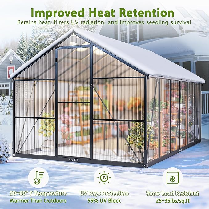 Wanan 12x8FT Greenhouses for Outdoors, Quick Assembly Polycarbonate Green House with UV Protection, Heavy Duty Windproof Aluminum Frame, Adjustable Roof Vent for Backyard or Outdoor Garden Use