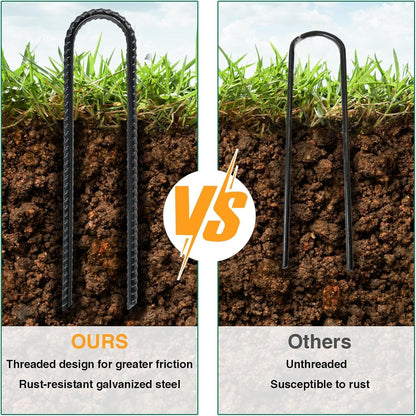 12 Inch Rebar Stakes Heavy Duty, 10 Pack Garden Stake U-Hook, Electrostatic Rust Proof Metal Stakes for Tent, Landscape,Outdoor Decorations, Fabric Ground Cover, Tube Fixing (Black, U-12in-10pc)