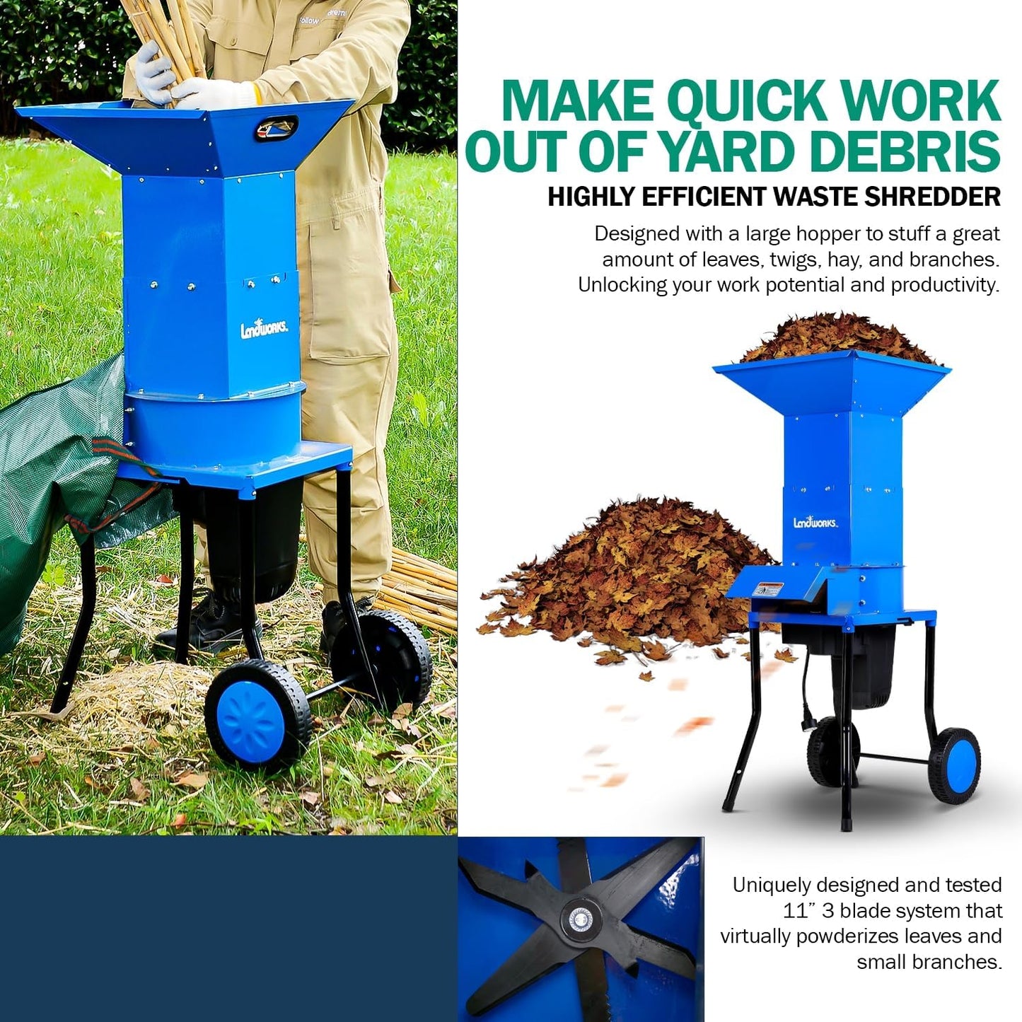 Landworks Electric Leaf Mulcher & Shredder - 15-AMP, 1800W, Steel Construction, 11" Blades, 0.5" Cutting Capacity, 120V AC for Dry Leaves, Grass, & Yard Clippings