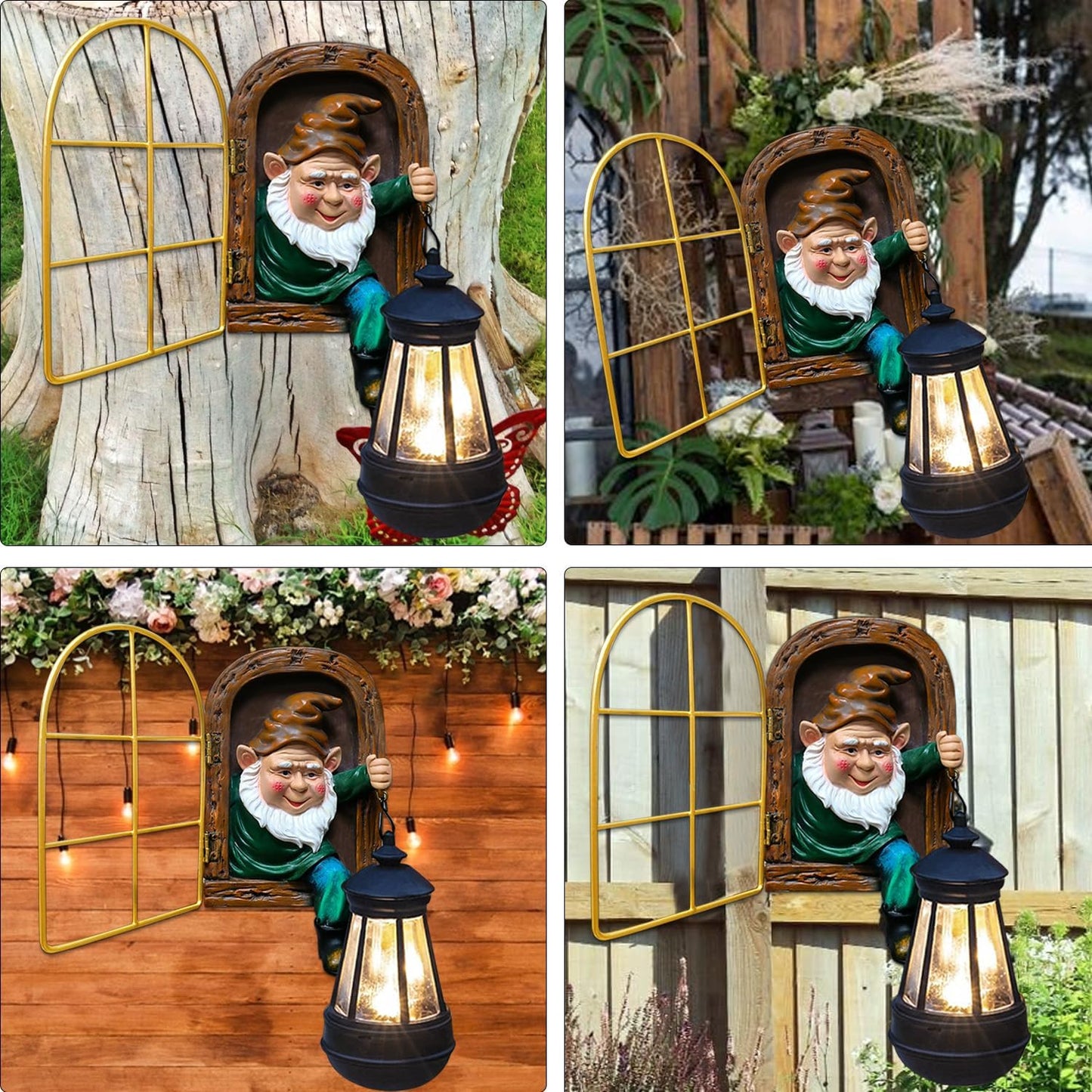 Fairy Garden Garden Gnomes with Solar Lantern Lights - Whimsical Elf Out The Window Yard Decorations Outdoor Tree Hugger Statues, Tree Face Sculpture, Ideal Gnomes Gifts for Patio, Fence, Wall