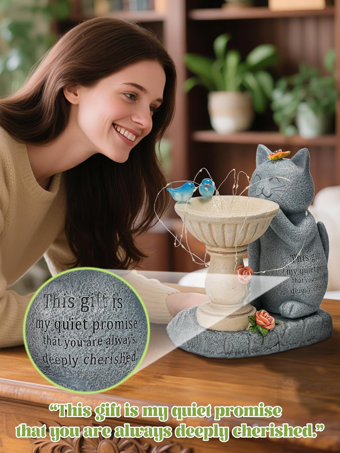 Garden Decor Cat Birdbath Statues, Solar Statues Decor with Butterfly Garden Decor for Home House, Yard Art Lawn, Ornaments, Porch Patio, Balcony - Birthday Gifts for Grandma Mom Women
