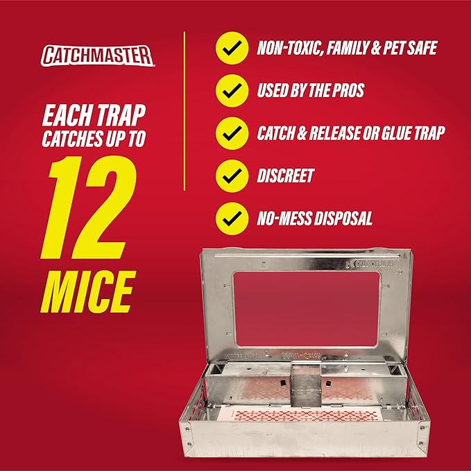 Catchmaster Multi-Catch Mouse Trap 3-Pack, Humane Mouse Traps Indoor for Home, Includes Replaceable Glue Board, Live Catch Pest Control for Garage & Shed