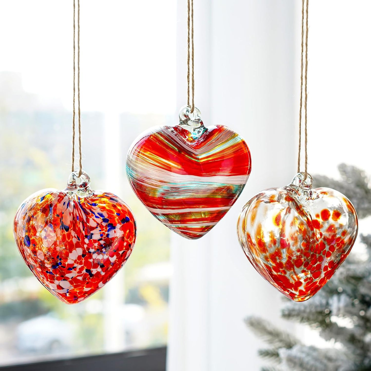 4inch Hand Blown Glass Red Heart Ornaments Hanging Friendship Hearts for Patio Garden Outdoor Decor Unique Gift for Mom