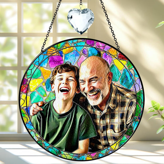 Personalized Grandpa Stained Glass Suncatcher, Photo Family Faux Stained Glass Window Hanging