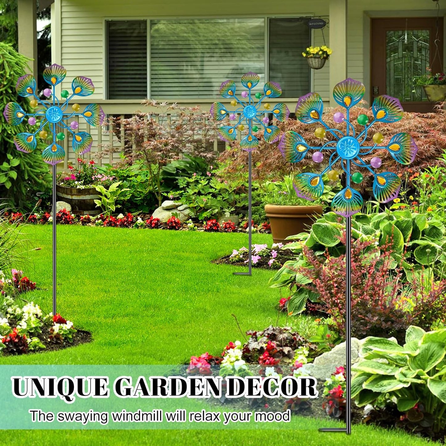 2PCS Wind Spinners Outdoor, 37" Metal Wind Sculpture Yard Art Decorations, Freestanding Windmill for Patio Lawn Garden Decor (2pcs-Blue Green)