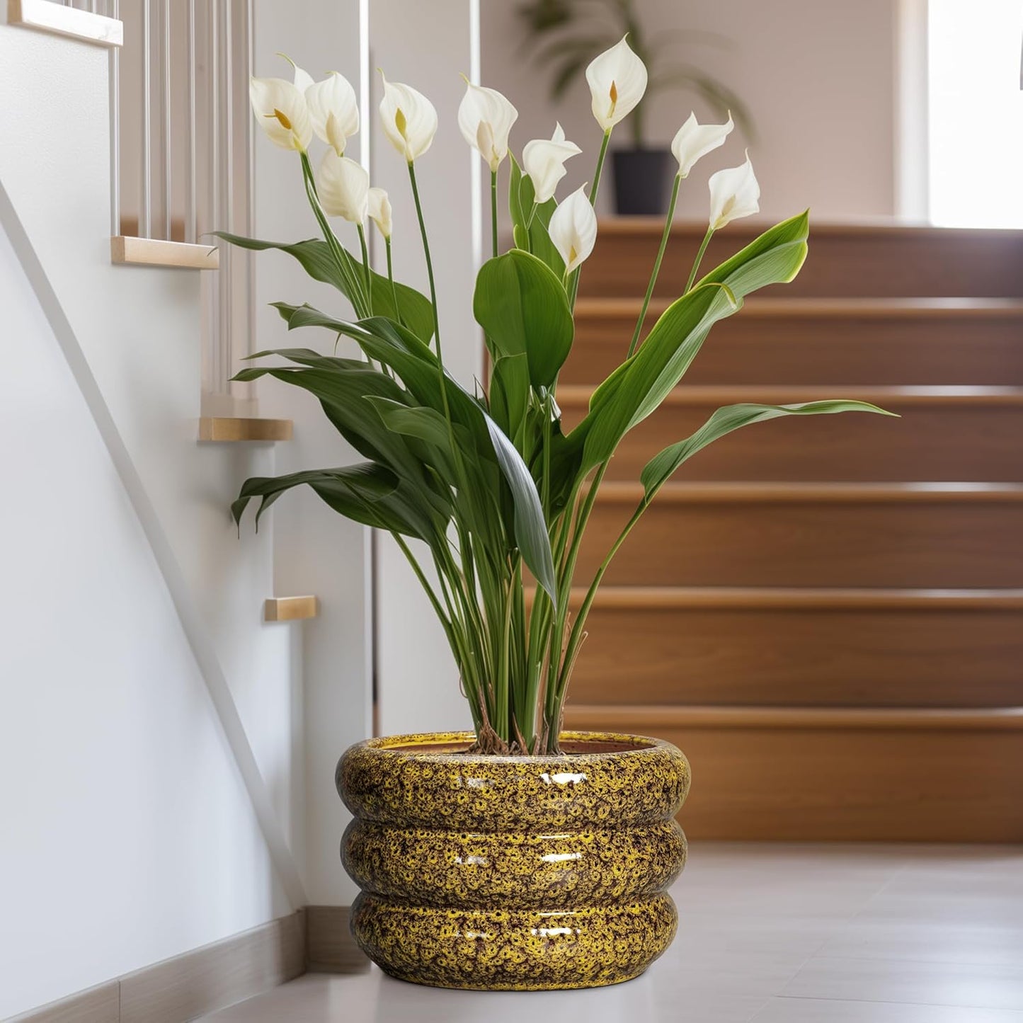 SQOWL Ceramic Pots for Plants - 13.5 Inch Ceramic Planter for Indoor Plants, Large Plant Pots with Drainage Hole, Round Flower Pot Outdoor, Bubble Planter, Room Decor, Gifts for Plant Lover, Yellow