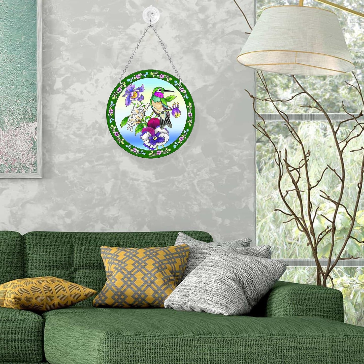 Hummingbird Stained Glass Suncatcher 6" Round, Window Hanging with Chain & Hook, Gift-Boxed Floral Bird Window Decor, Gift for Mom & Grandma