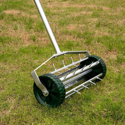 Heavy Duty Rolling Lawn Aerator, Rotary Push Tine Spike Aerator with 1.4-Inch Spikes, 57-Inch Steel Handle, Garden Yard Grass Maintenance Manual Aerator Tool for Improved Soil Aeration Silver