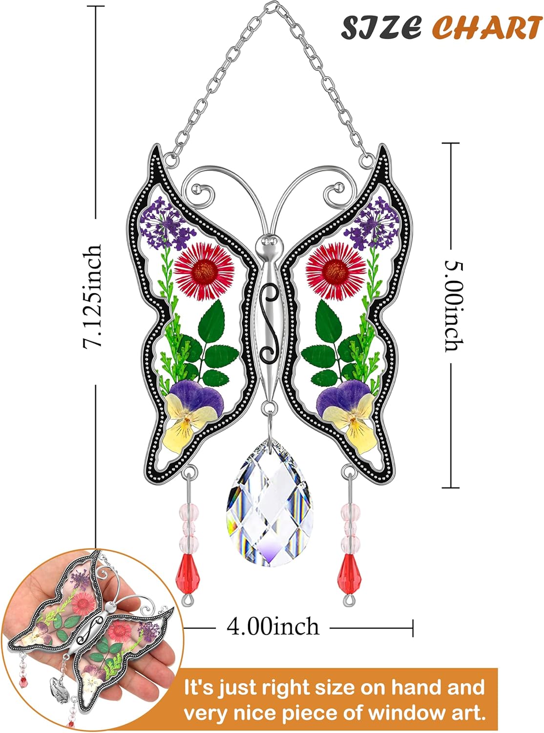 KY&BOSAM Butterfly Suncatcher Mom Gifts Stained Glass Suncatchers for Windows Hangings Wind Chime with Pressed Real Flower Wings with Crystal Charm Birthday Gifts for Mom Mother`s Day Home Decor