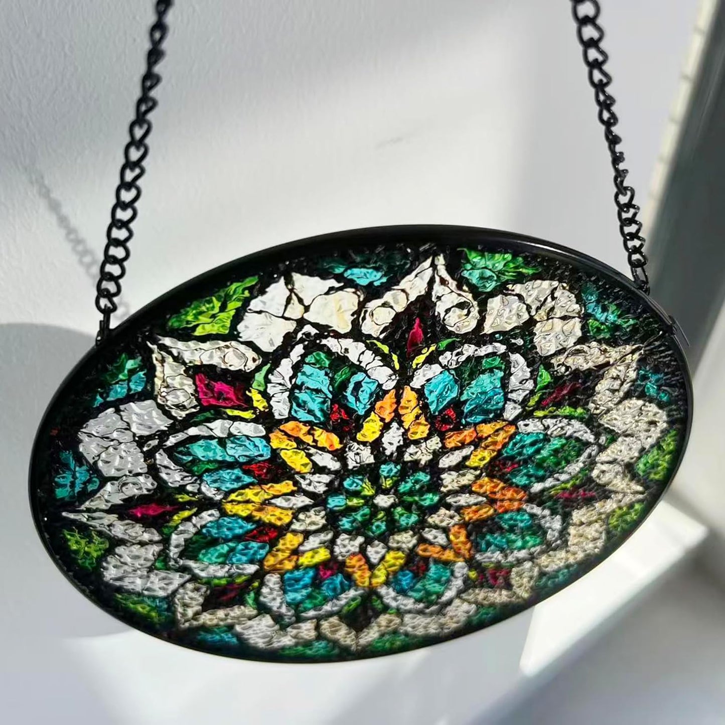 Bohemian Mandala Stained Glass Window Hanging Sun Catcher Indoor Outdoor Home Garden Panel Hangings Gift for Kits Adults (Green)
